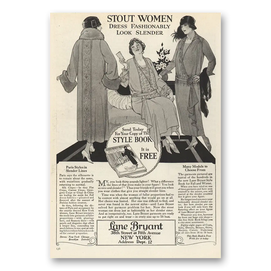 1923 Lane Bryant Stout Women Dress Fashionably Vintage Magazine Print Ad