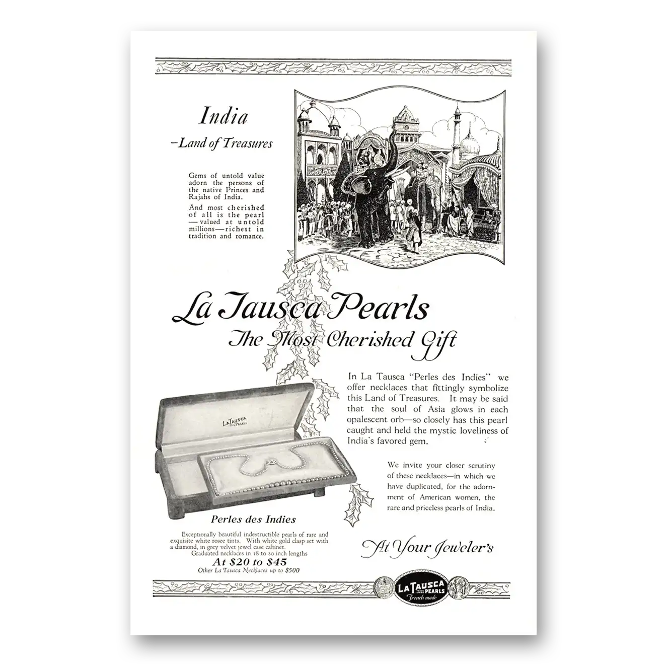 1923 La Tausca Pearls Land of Treasures Vintage Magazine Print Ad