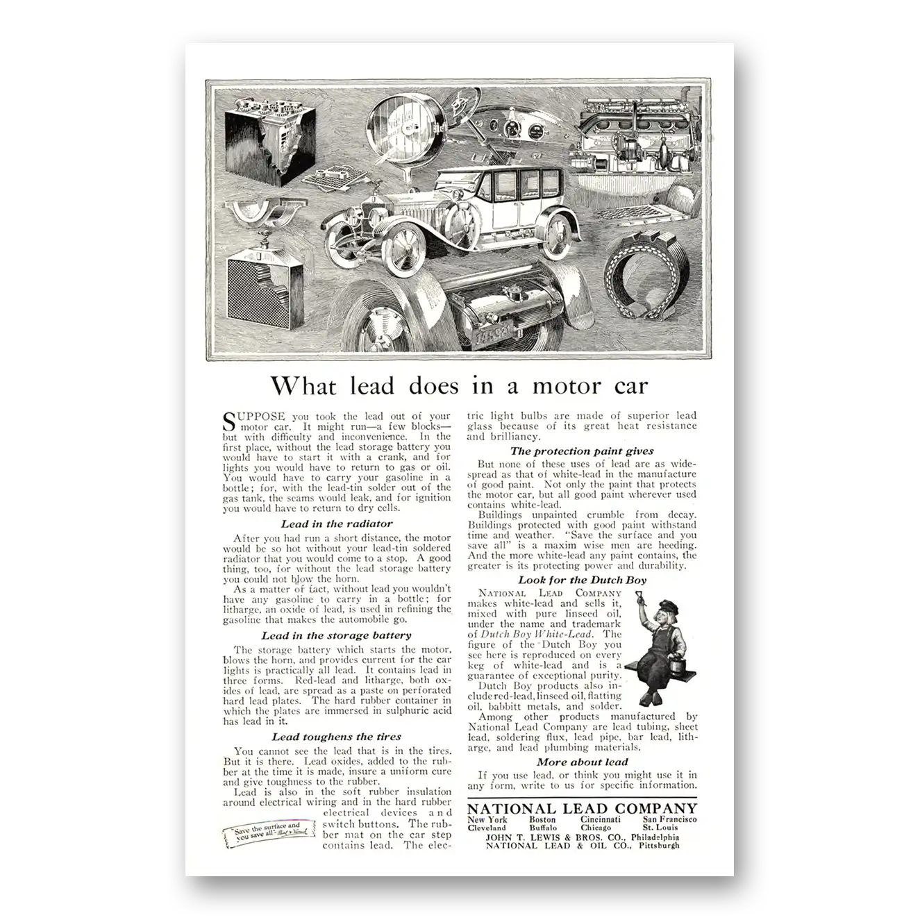 1923 National Lead Company What Lead Does In a Motor Car Vintage Magazine Print Ad