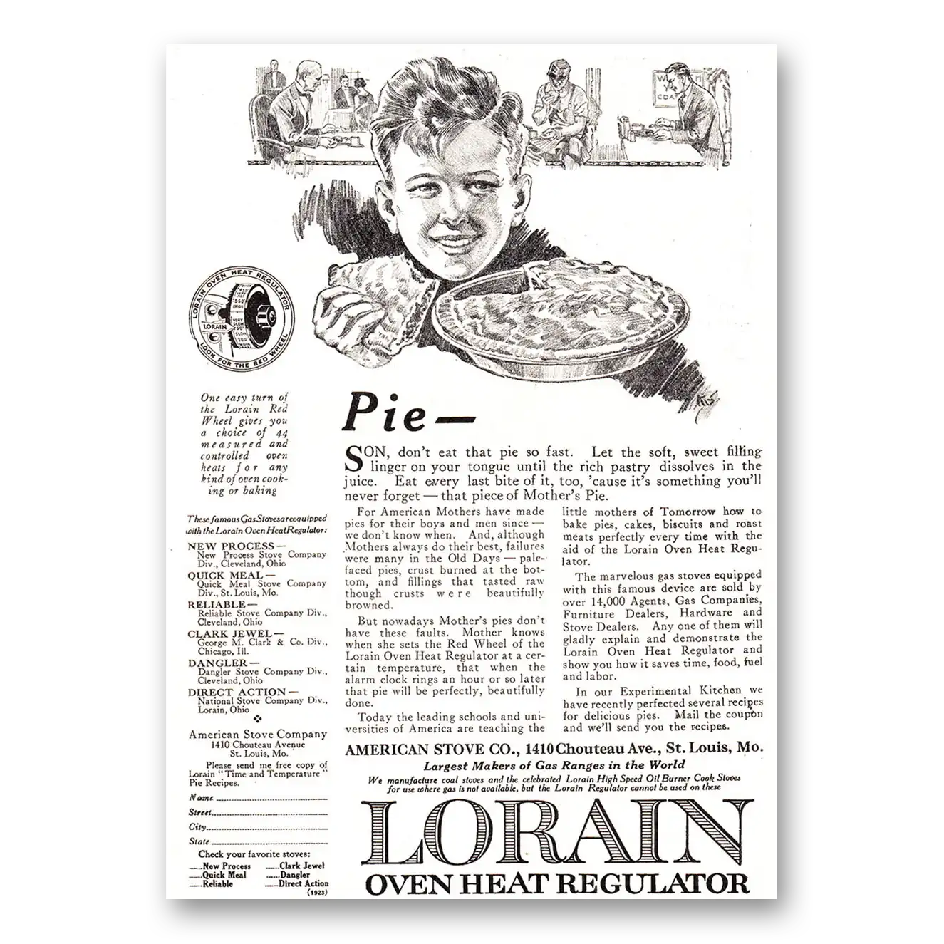 1923 Lorain Oven Heat Regulator Oven Heat Regulator Pie Vintage Magazine Print Ad