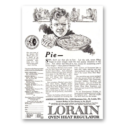 1923 Lorain Oven Heat Regulator Oven Heat Regulator Pie Vintage Magazine Print Ad