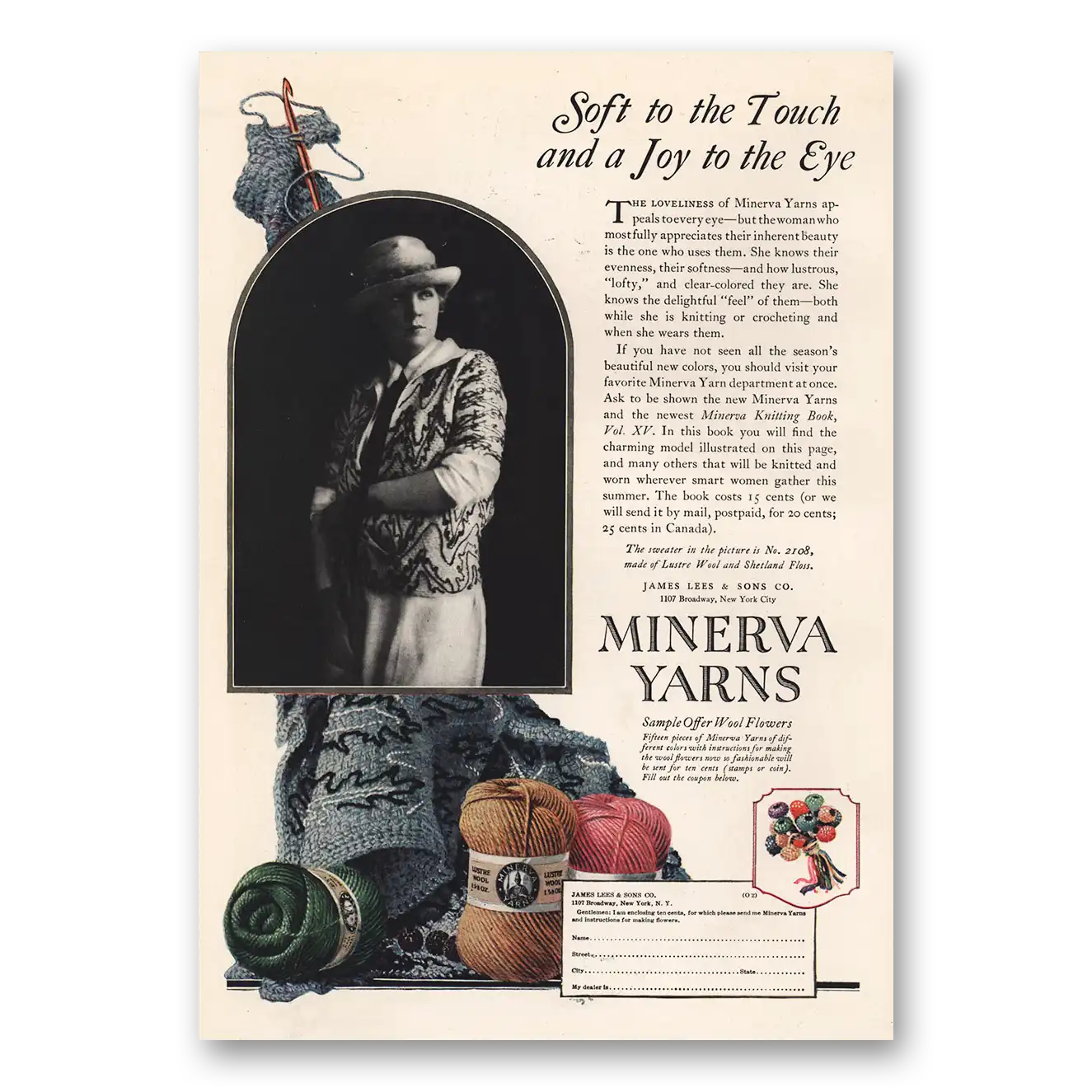 1923 Minerva Yarns Soft to the Touch Joy to the Eye Vintage Magazine Print Ad