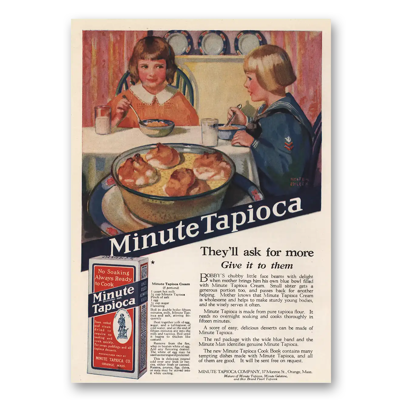 1923 Minute Tapioca They’ll Ask for More Give It To Them Vintage Magazine Print Ad