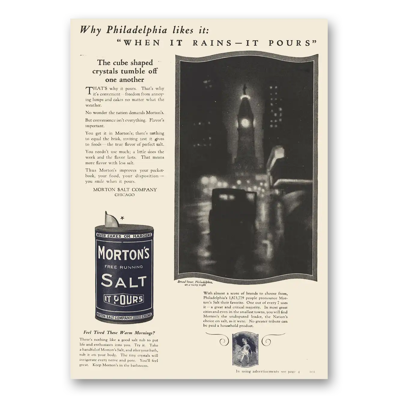 1923 Morton Salt Philadelphia Likes It When It Rains It Pours Vintage Magazine Print Ad