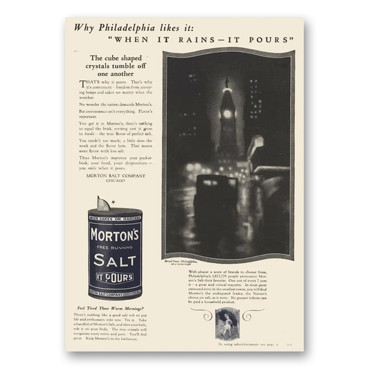 1923 Morton Salt Philadelphia Likes It When It Rains It Pours Vintage Magazine Print Ad