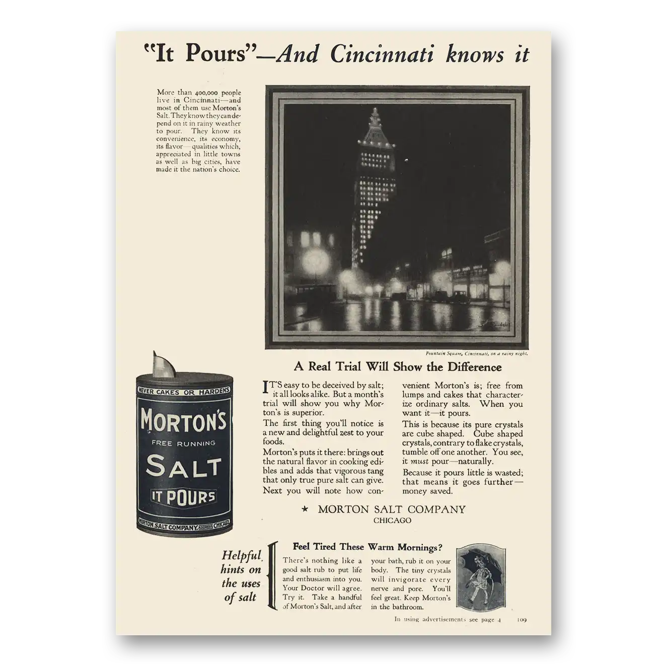 1923 Morton Salt Pours Cincinnati Knows It Vintage Magazine Print Ad