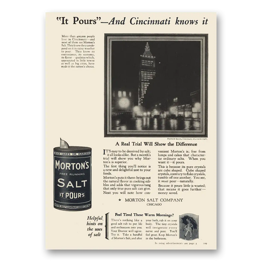 1923 Morton Salt Pours Cincinnati Knows It Vintage Magazine Print Ad