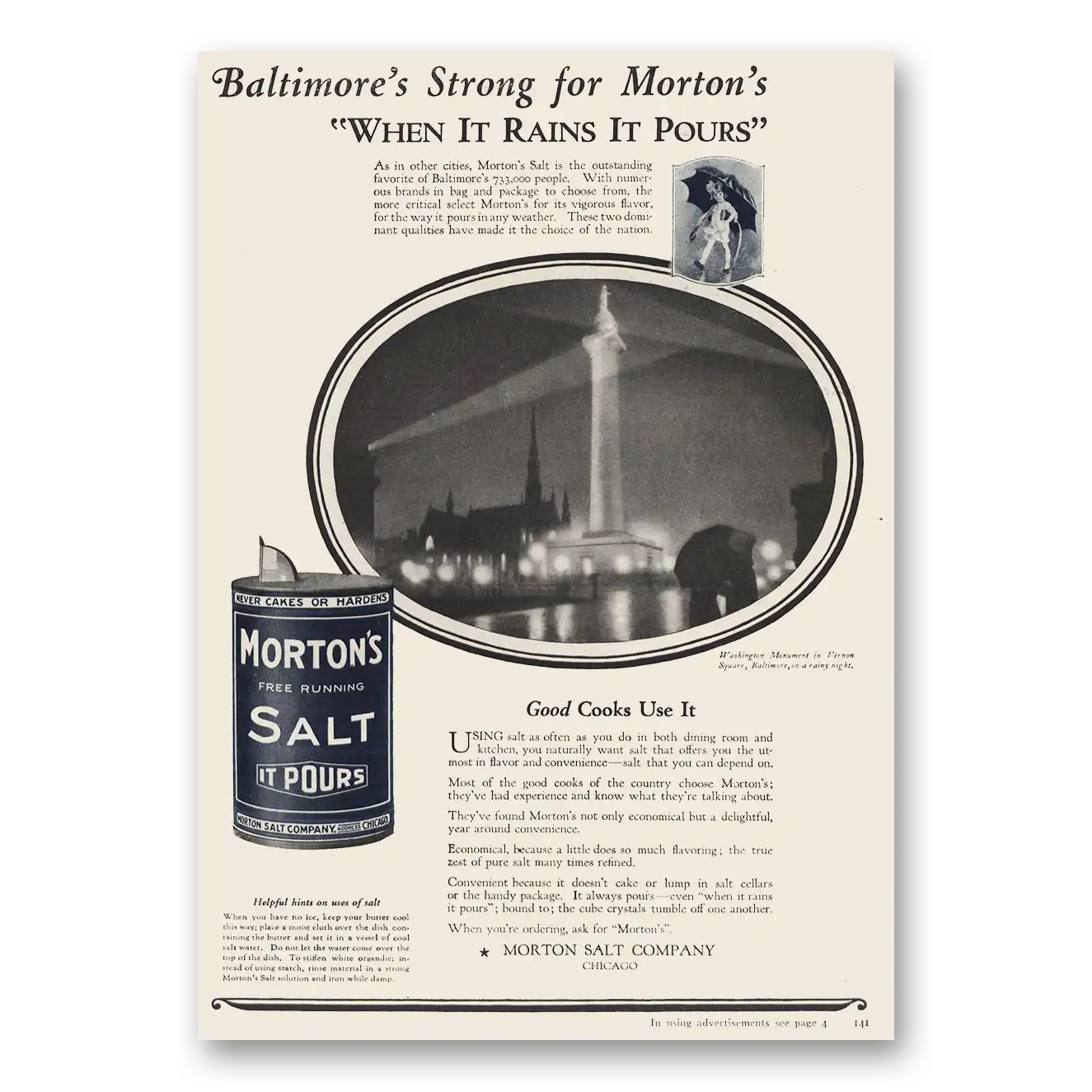 1923 Morton Salt Baltimores Strong for Mortons Vintage Magazine Print Ad