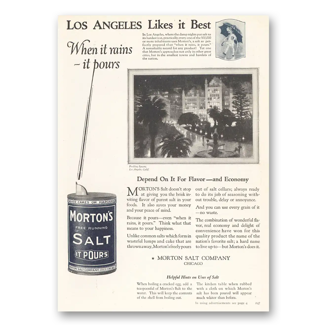 1923 Morton Salt Los Angeles Likes It Best Vintage Magazine Print Ad