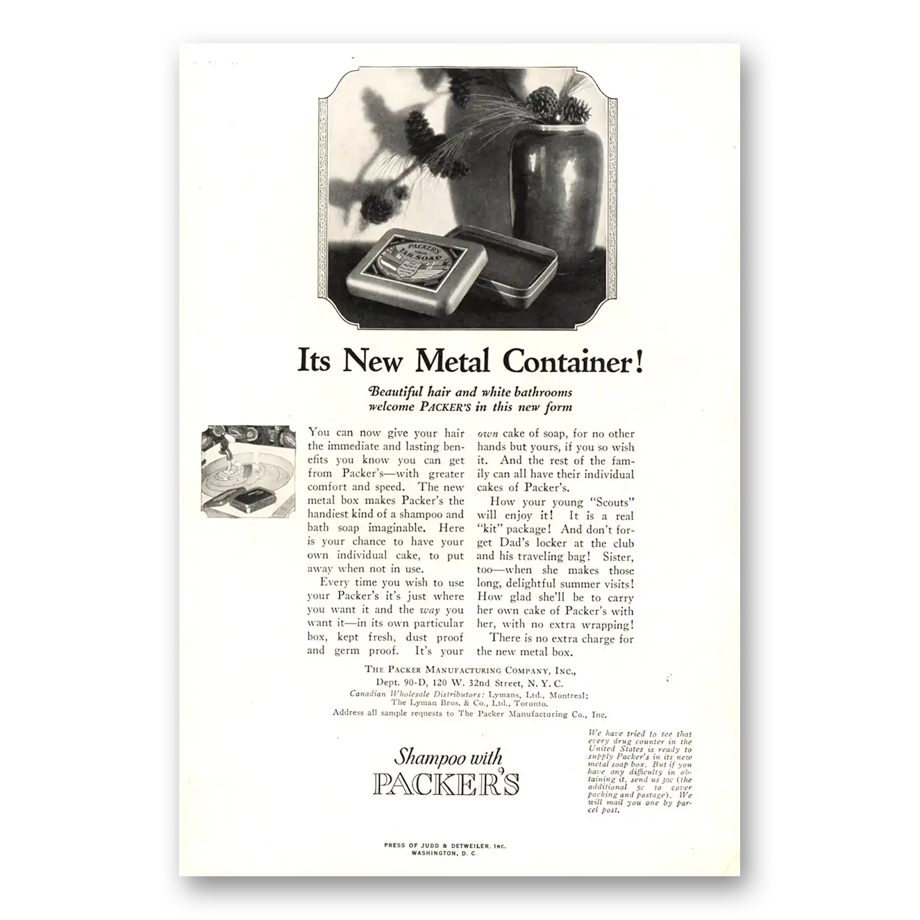 1923 Packers Shampoo New Metal Container Vintage Magazine Print Ad