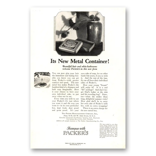 1923 Packers Shampoo New Metal Container Vintage Magazine Print Ad