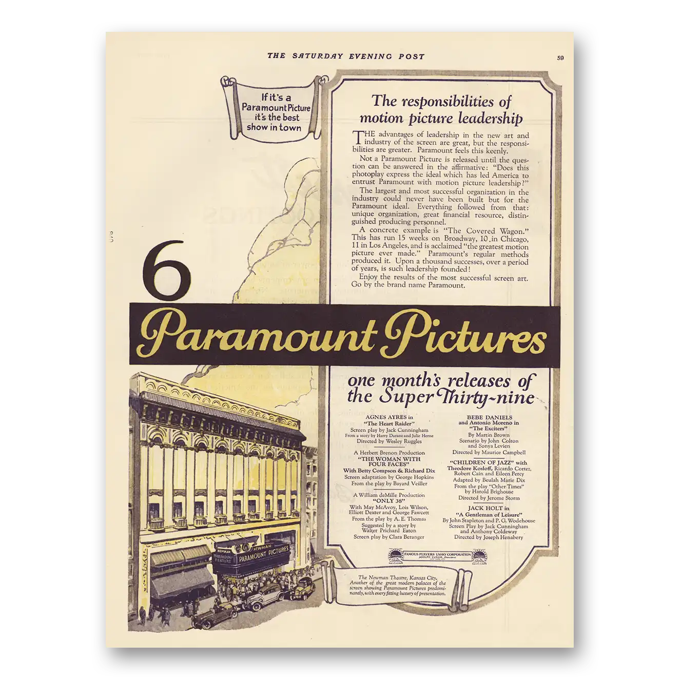 1923 Paramount Pictures Motion Picture Leadership Vintage Magazine Print Ad