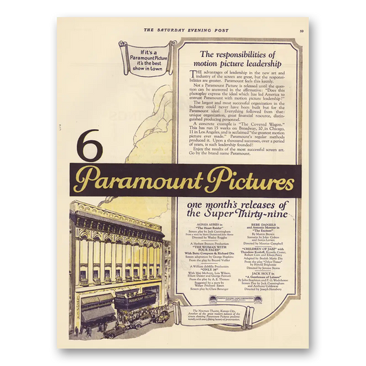 1923 Paramount Pictures Motion Picture Leadership Vintage Magazine Print Ad