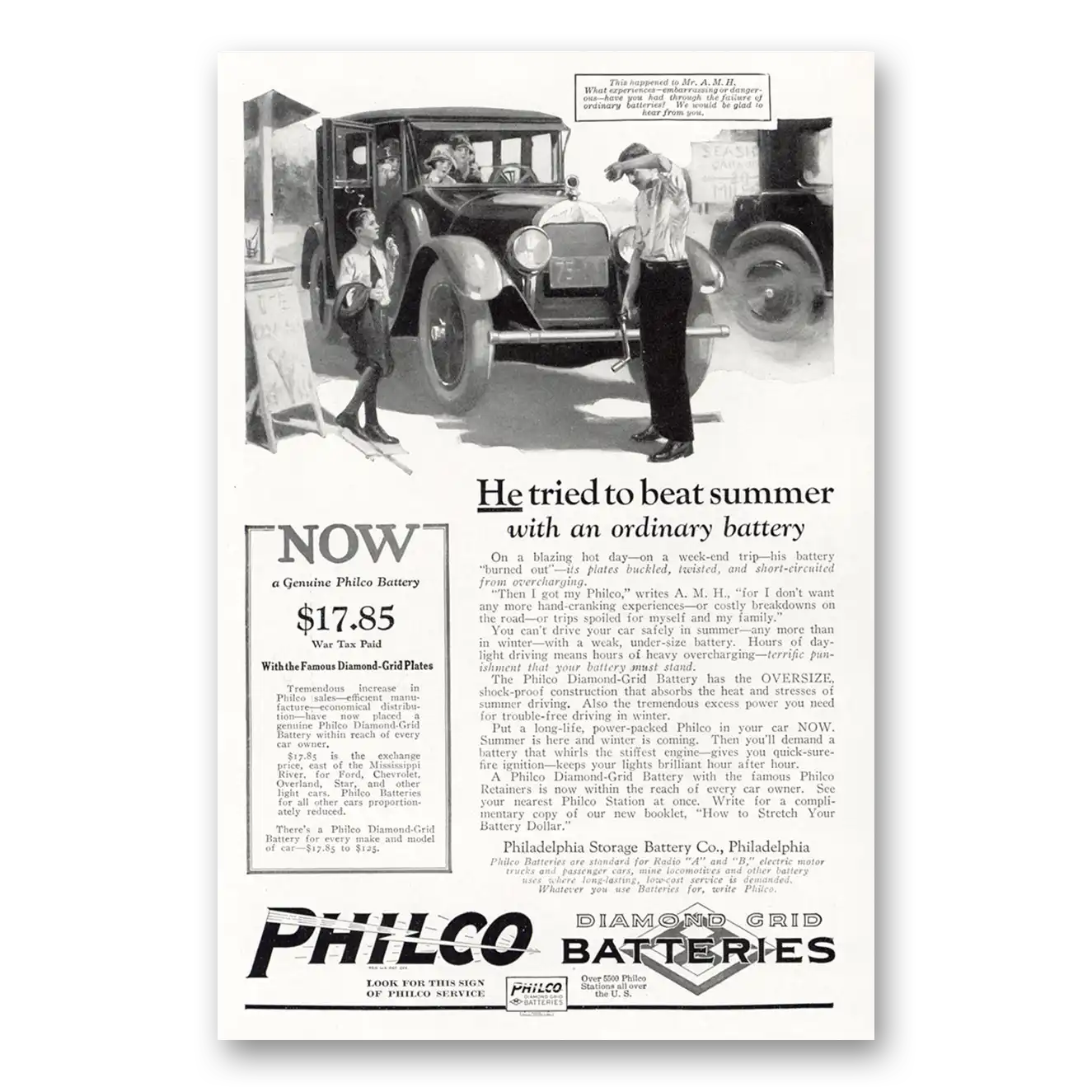 1923 Philco Diamond Grid Batteries He Tried to Beat Summer Vintage Magazine Print Ad