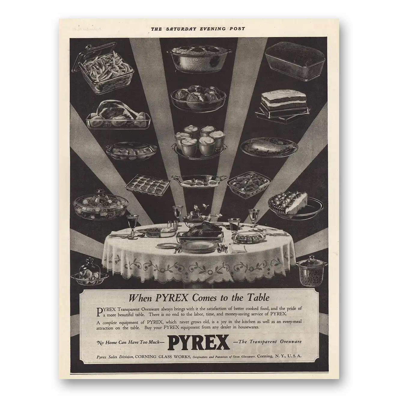 1923 Pyrex When Pyrex Comes to Table Vintage Magazine Print Ad