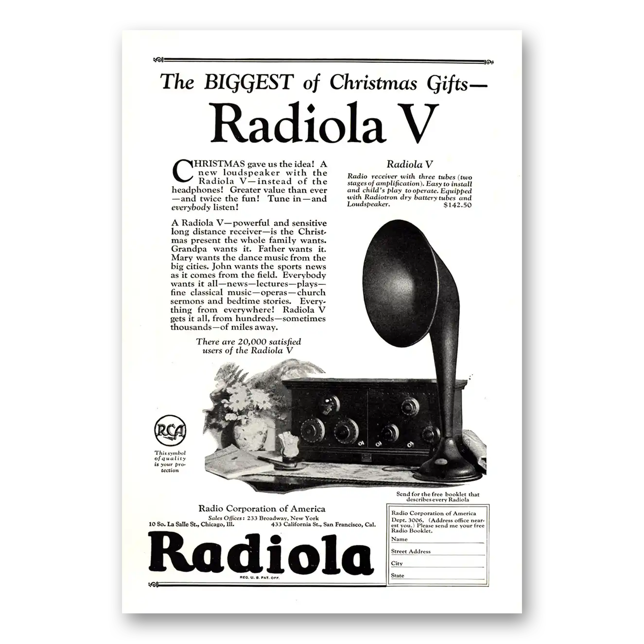 1923 RCA Radiola Radio Biggest of Christmas Gifts Vintage Magazine Print Ad