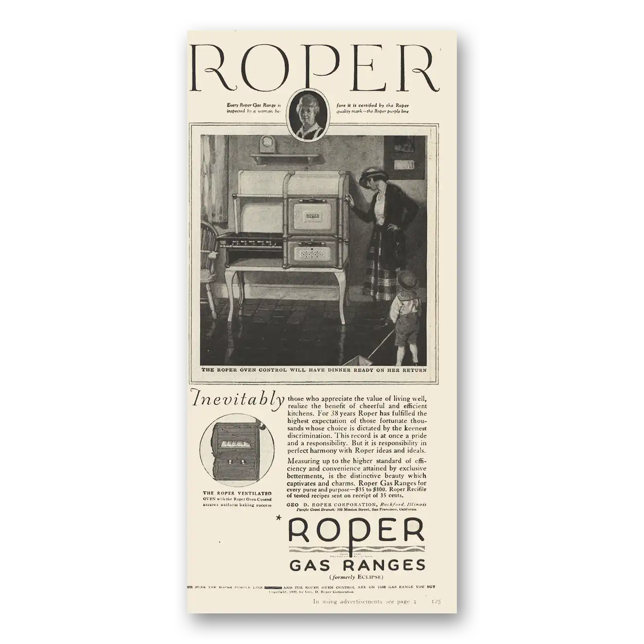 1923 Roper Gas Ranges Inevitably Those Who Appreciate Vintage Magazine Print Ad