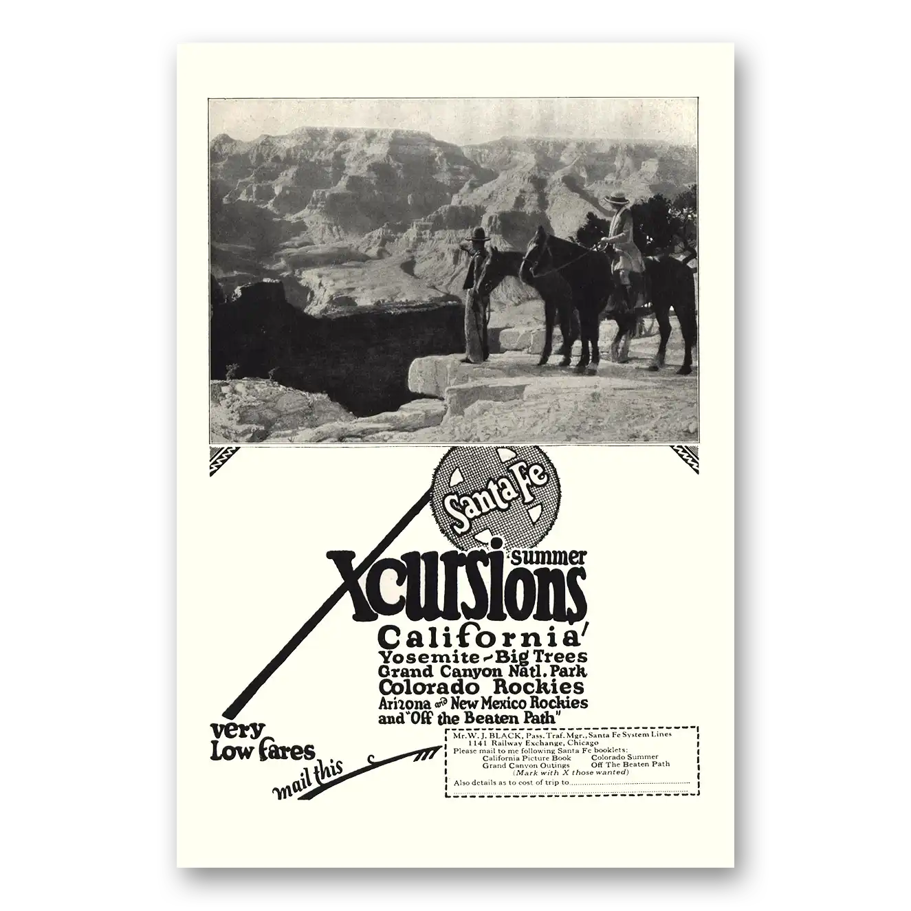 1923 Santa Fe Railway Summer Xcursions California Vintage Magazine Print Ad