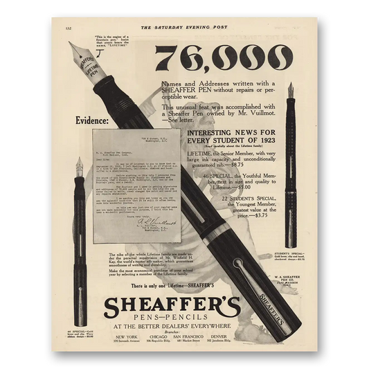 1923 Sheaffer Pen 76000 Names and Addresses Vintage Magazine Print Ad