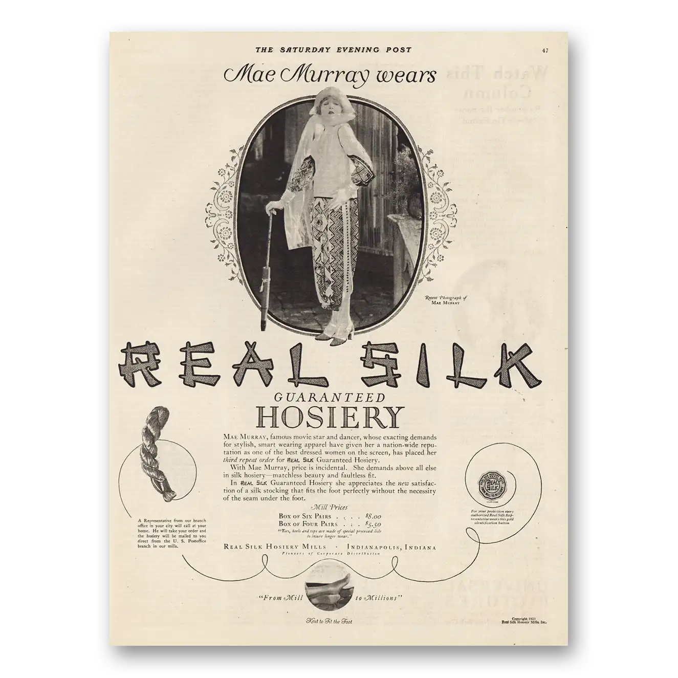 1923 Real Silk Hosiery Mae Murray Vintage Magazine Print Ad