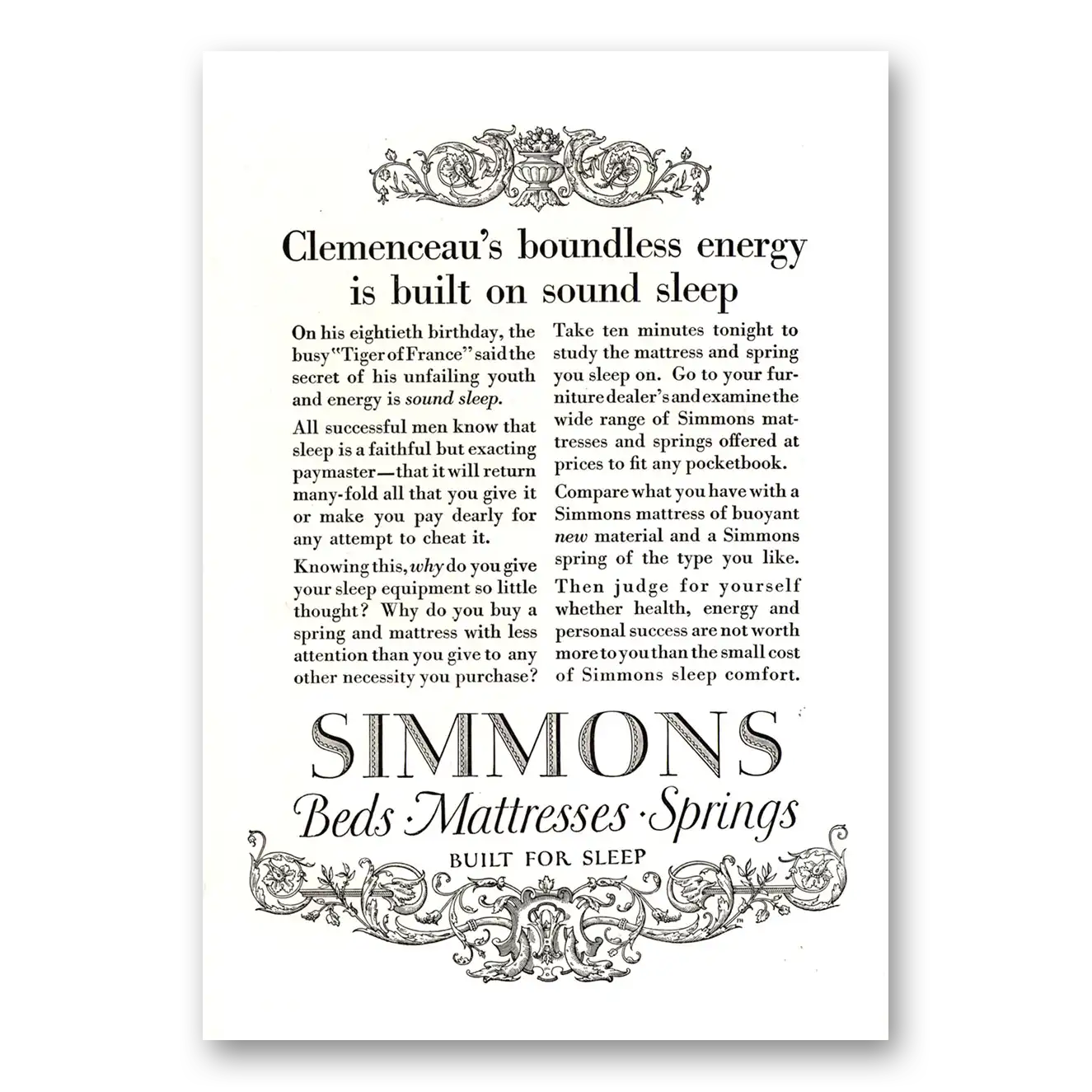 1923 Simmons Bed Mattresses Clemenceaus Boundless Energy Vintage Magazine Print Ad