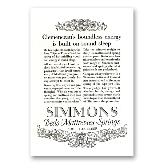 1923 Simmons Bed Mattresses Clemenceaus Boundless Energy Vintage Magazine Print Ad