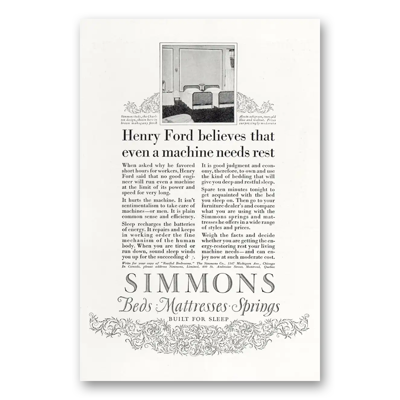 1923 Simmons Bed Mattresses Bed Mattress Springs Henry Ford Believes Vintage Magazine Print Ad