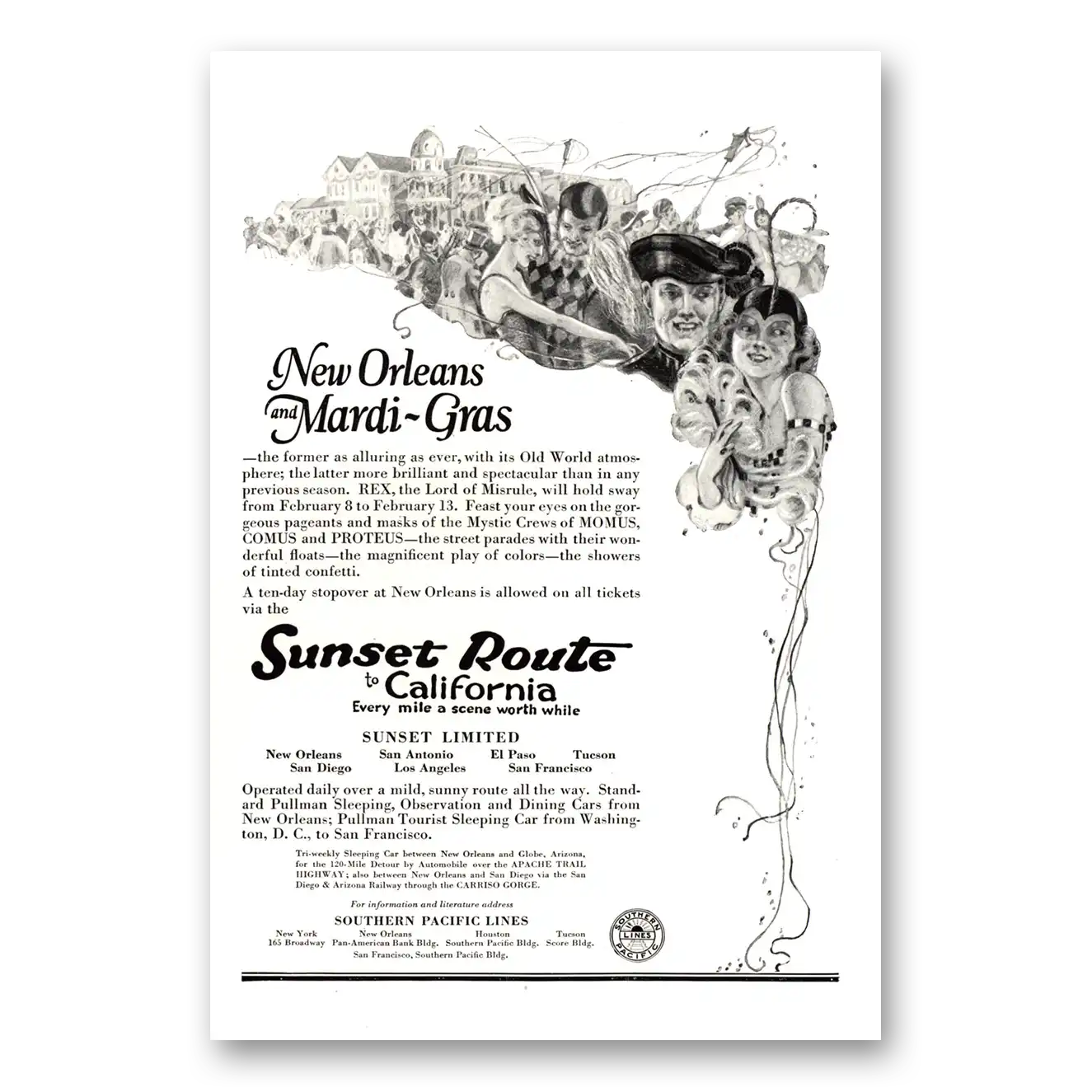 1923 Southern Pacific New Orleans Mardi Gras Vintage Magazine Print Ad