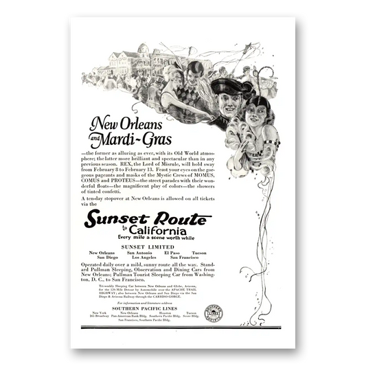 1923 Southern Pacific New Orleans Mardi Gras Vintage Magazine Print Ad