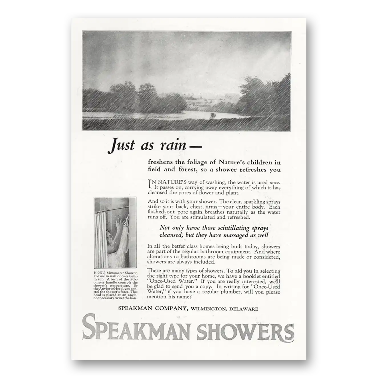 1923 Speakman Showers Just As Rain Vintage Magazine Print Ad