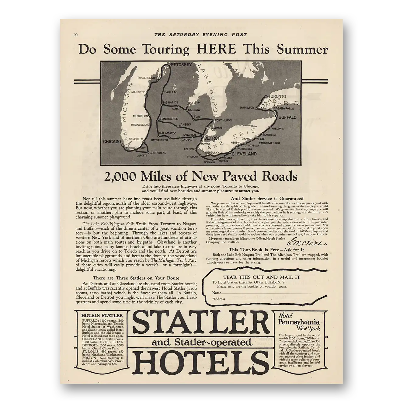 1923 Statler Hotels 2000 Miles Paved Roads Vintage Magazine Print Ad