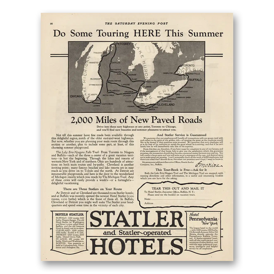 1923 Statler Hotels 2000 Miles Paved Roads Vintage Magazine Print Ad