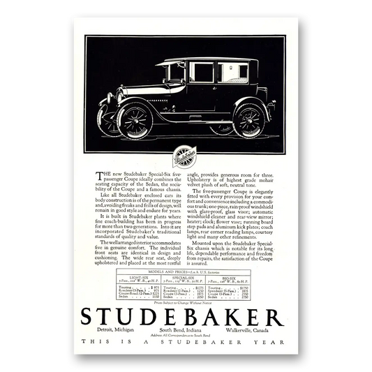 1923 Studebaker Special Six Four Passenger Coupe Vintage Magazine Print Ad