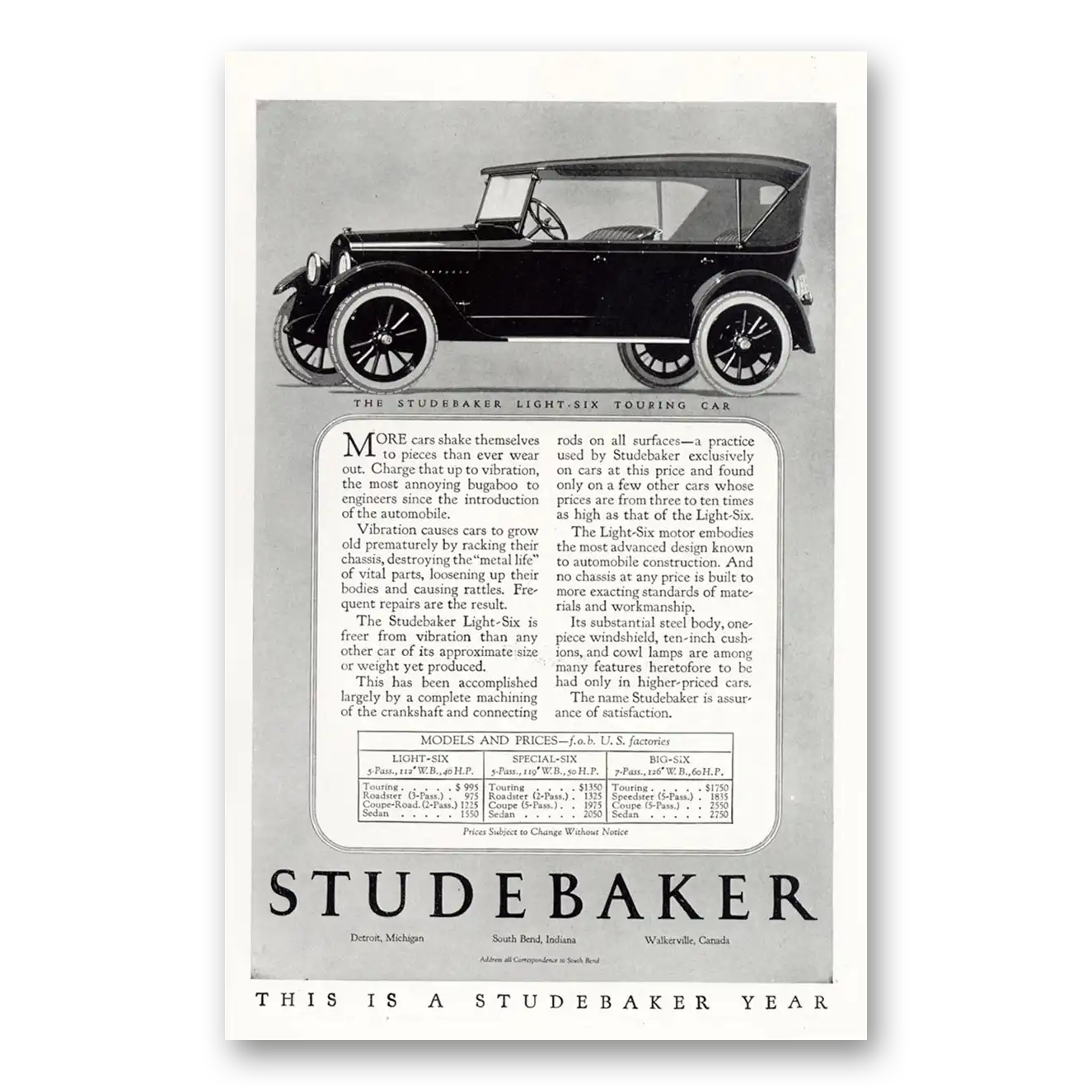 1923 Studebaker Light Six More Cars Shake Themselves Vintage Magazine Print Ad