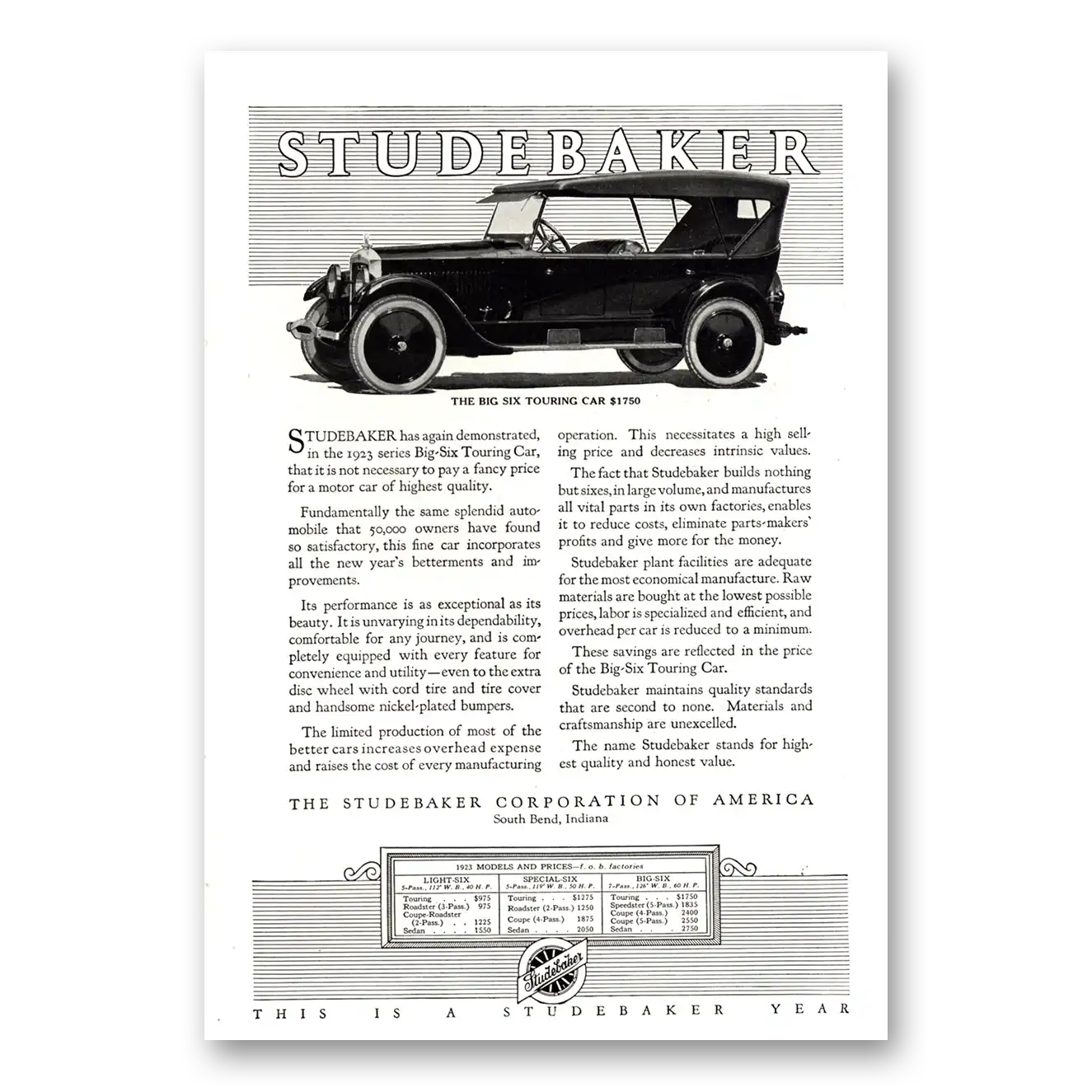 1923 Studebaker Big Six Touring Car Vintage Magazine Print Ad