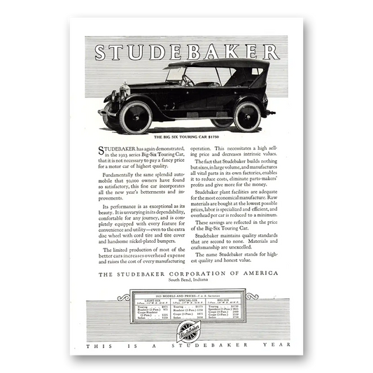 1923 Studebaker Big Six Touring Car Vintage Magazine Print Ad