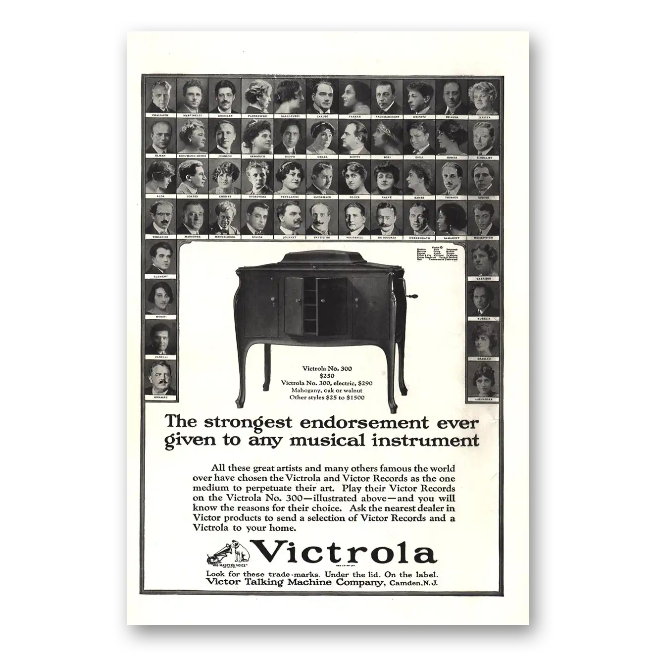 1923 Victrola Strongest Endorsement Ever Vintage Magazine Print Ad