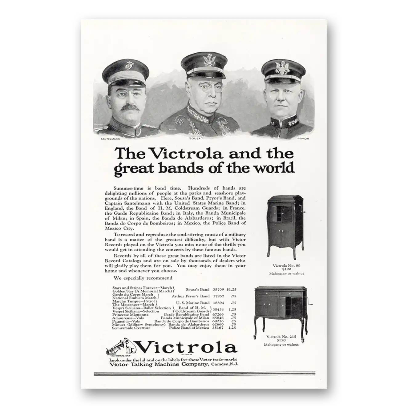 1923 Victrola Great Bands of the World Vintage Magazine Print Ad