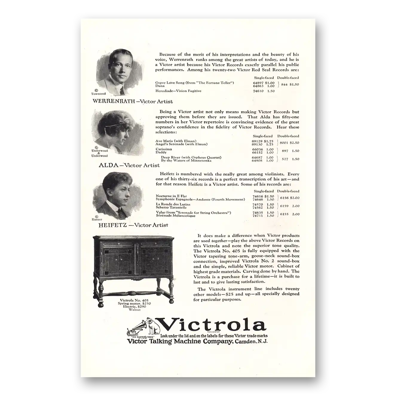 1923 Victrola Werrenrath Alda Heifetz Vintage Magazine Print Ad