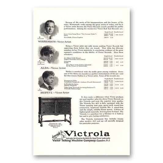 1923 Victrola Werrenrath Alda Heifetz Vintage Magazine Print Ad