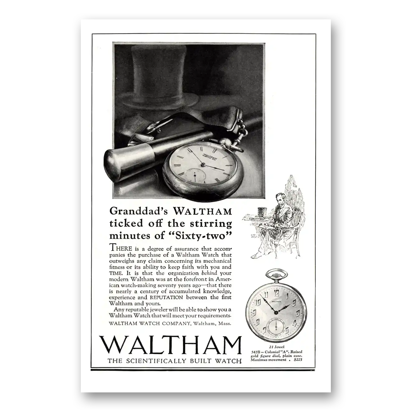1923 Waltham Watch Granddads Ticked Off the Stirring Minutes Vintage Magazine Print Ad