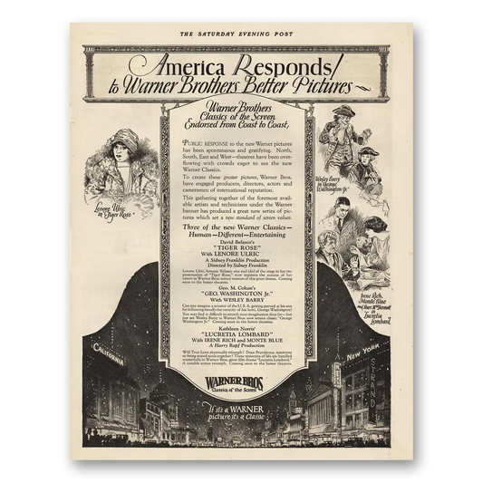 1923 Warner Brothers America Responds Better Pictures Vintage Magazine Print Ad