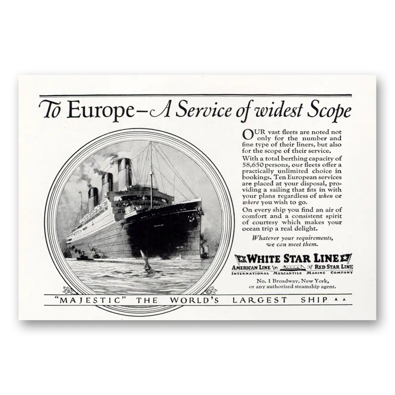 1923 White Star Line Service of Widest Scope Vintage Magazine Print Ad