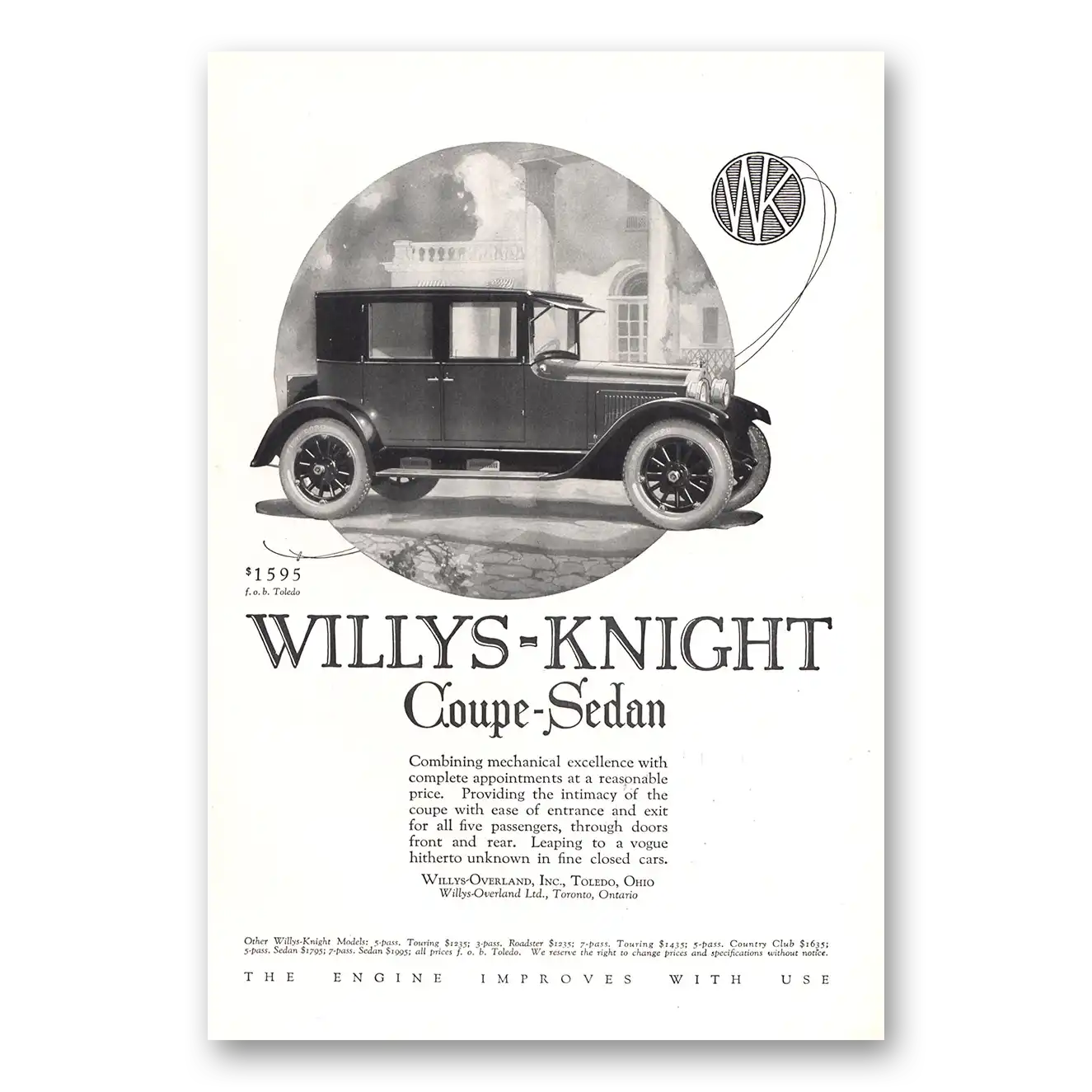 1923 Willys Knight Coupe Sedan Combining Mechanical Excellence Vintage Magazine Print Ad