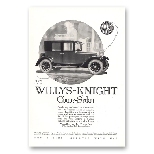 1923 Willys Knight Coupe Sedan Combining Mechanical Excellence Vintage Magazine Print Ad