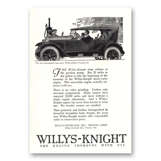 1923 Willys Knight Stops Seldom at Gasoline Pump Vintage Magazine Print Ad