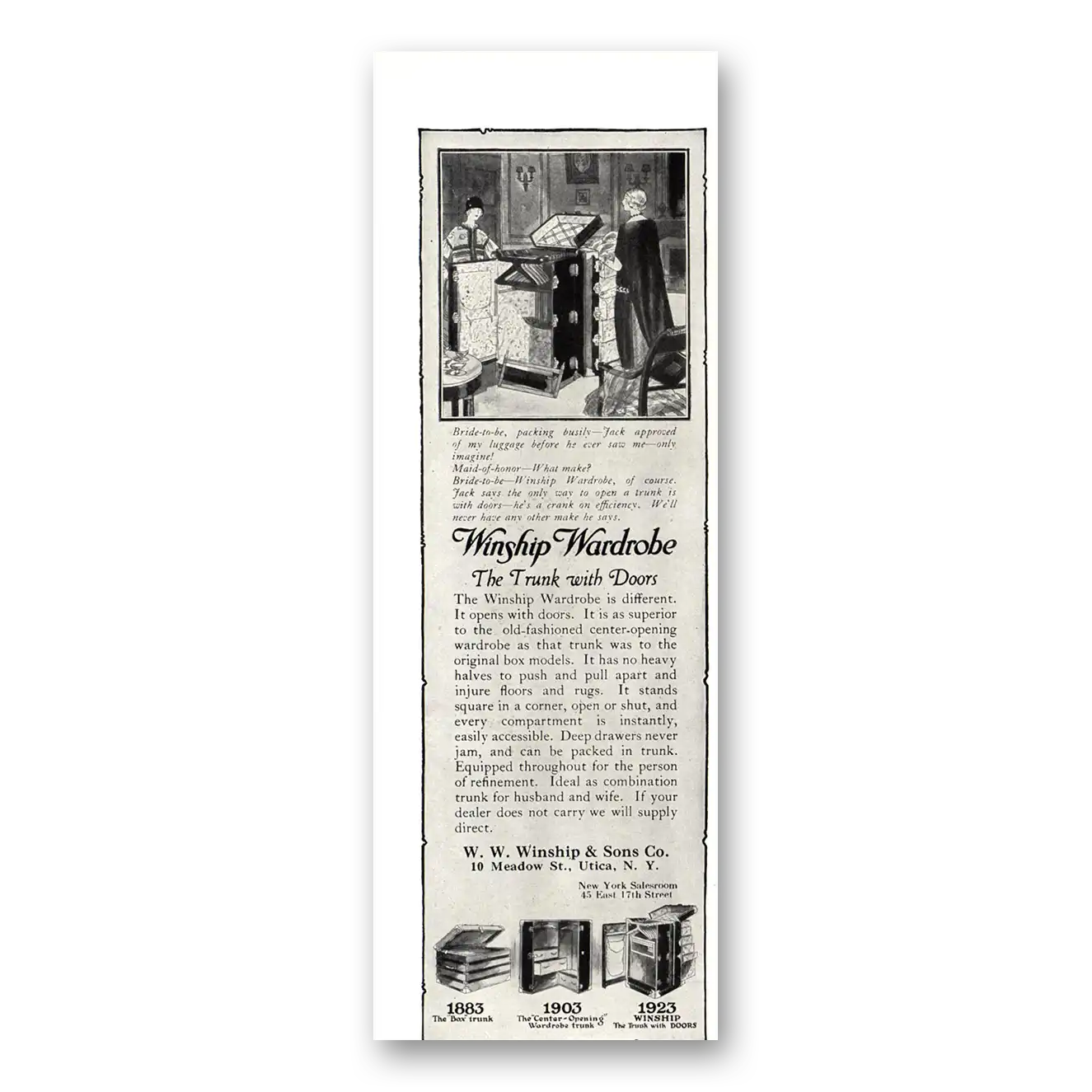 1923 Winship Luggage Wardrobe Trunk With Doors Vintage Magazine Print Ad