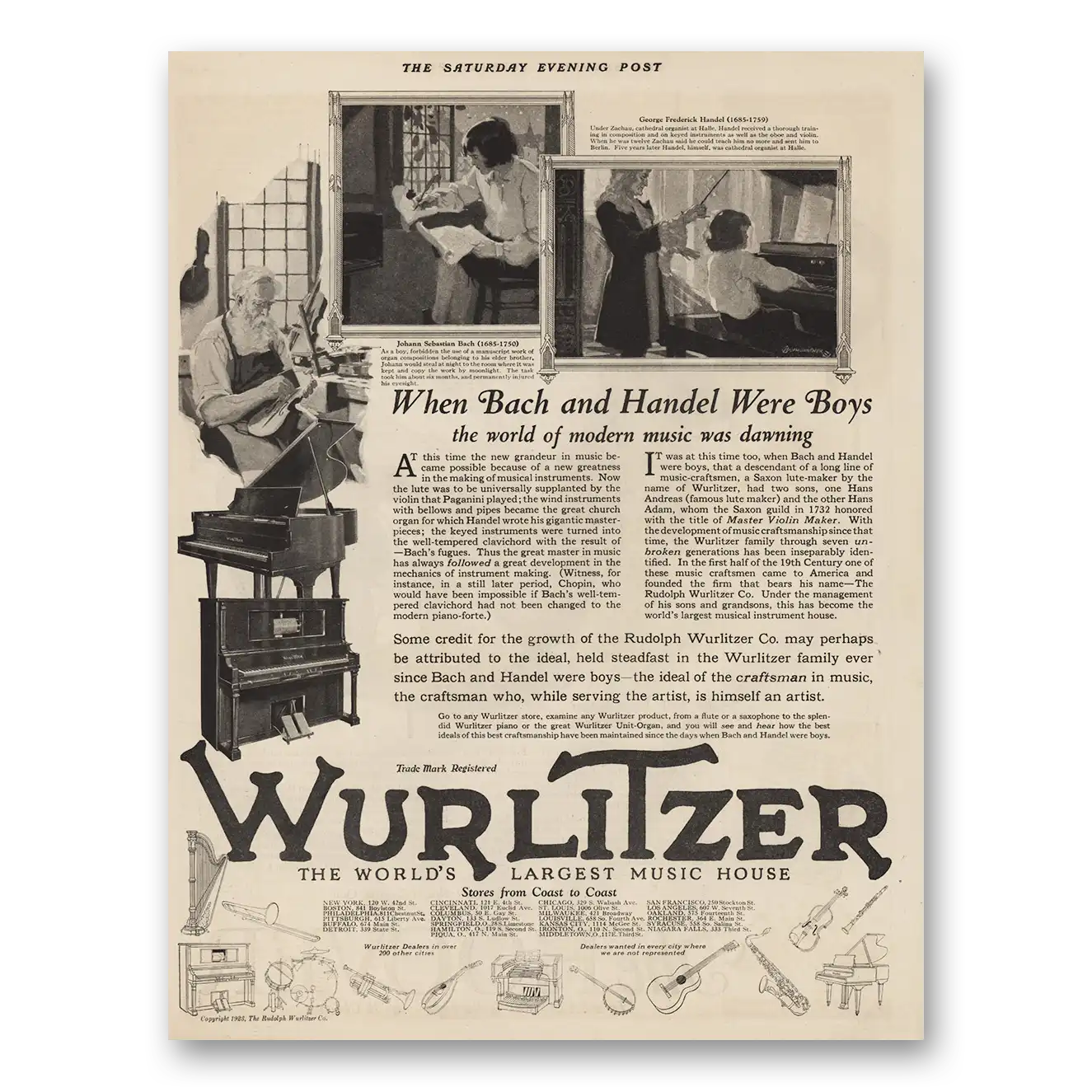 1923 Wurlitzer Piano When Bach and Handel Were Boys Vintage Magazine Print Ad