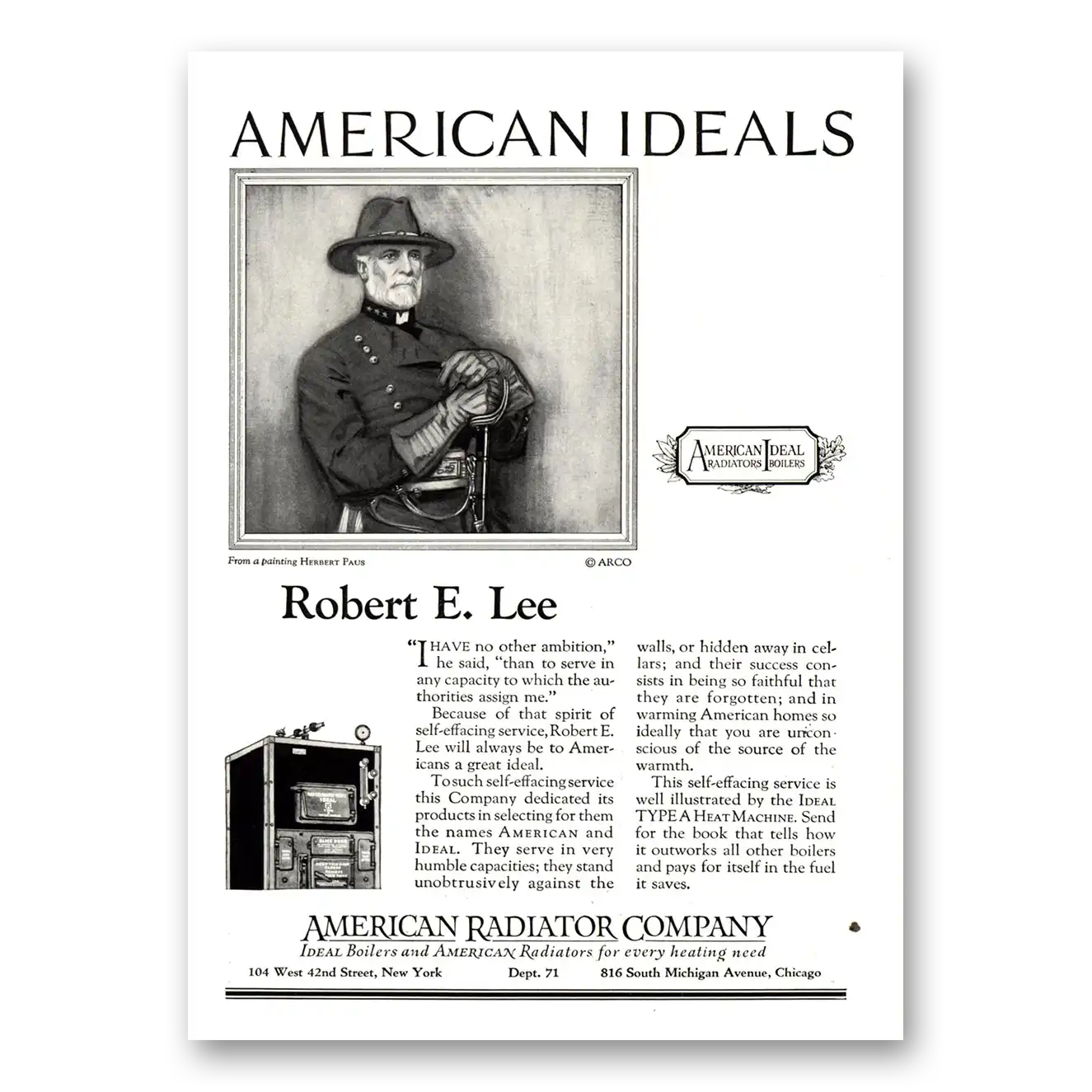 1924 American Radiator Robert E Lee Vintage Magazine Print Ad