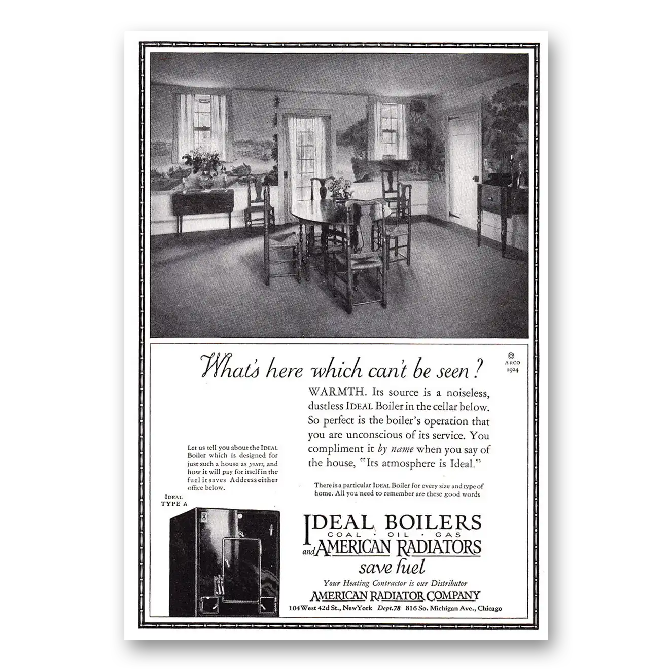 1924 Ideal Gas Boilers Whats Here Which Cant Be Seen Vintage Magazine Print Ad